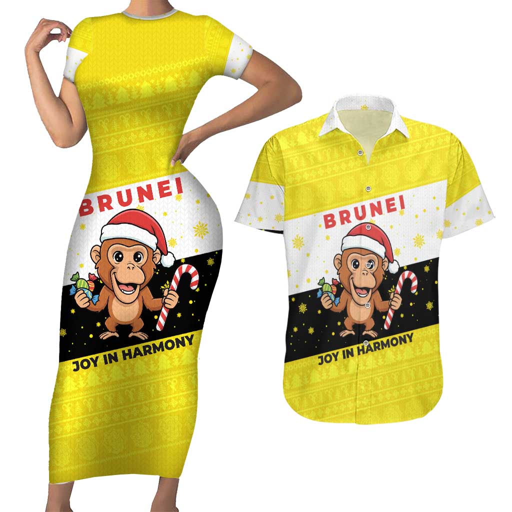 Brunei Christmas Couples Matching Short Sleeve Bodycon Dress and Hawaiian Shirt with Cartoon Monkey Santa Hat Candy Cane and Yellow Black Flag Pattern - Wonder Print Shop