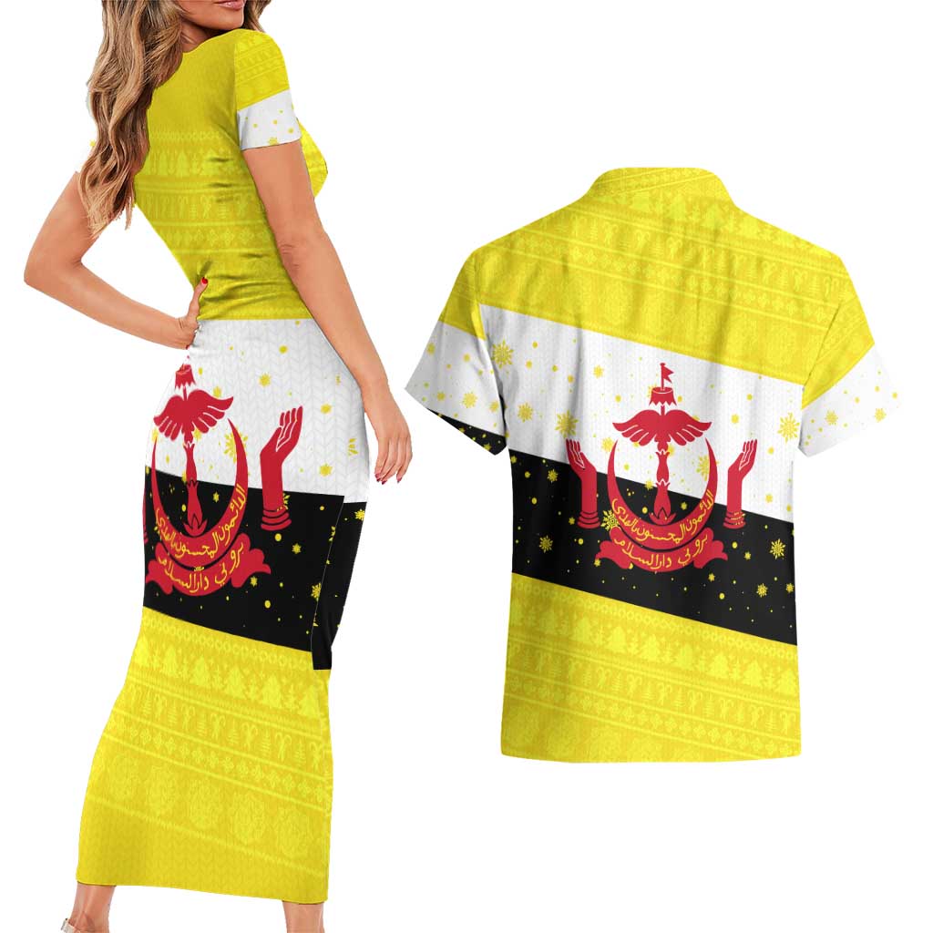 Brunei Christmas Couples Matching Short Sleeve Bodycon Dress and Hawaiian Shirt with Cartoon Monkey Santa Hat Candy Cane and Yellow Black Flag Pattern - Wonder Print Shop