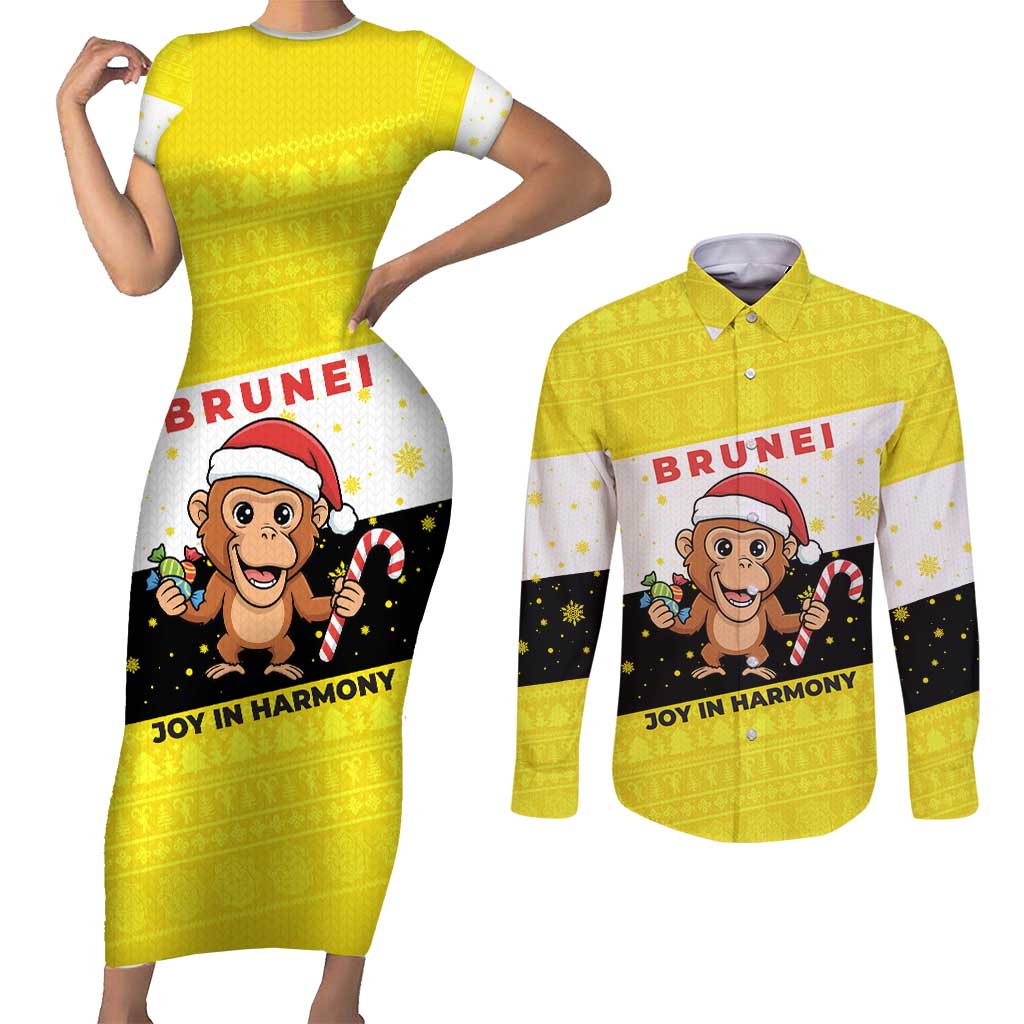 Brunei Christmas Couples Matching Short Sleeve Bodycon Dress and Long Sleeve Button Shirt with Cartoon Monkey Santa Hat Candy Cane and Yellow Black Flag Pattern - Wonder Print Shop