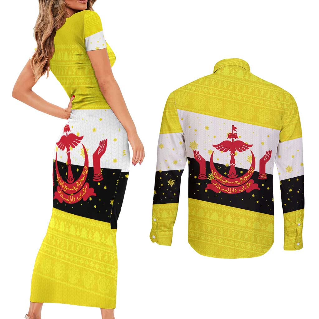Brunei Christmas Couples Matching Short Sleeve Bodycon Dress and Long Sleeve Button Shirt with Cartoon Monkey Santa Hat Candy Cane and Yellow Black Flag Pattern - Wonder Print Shop