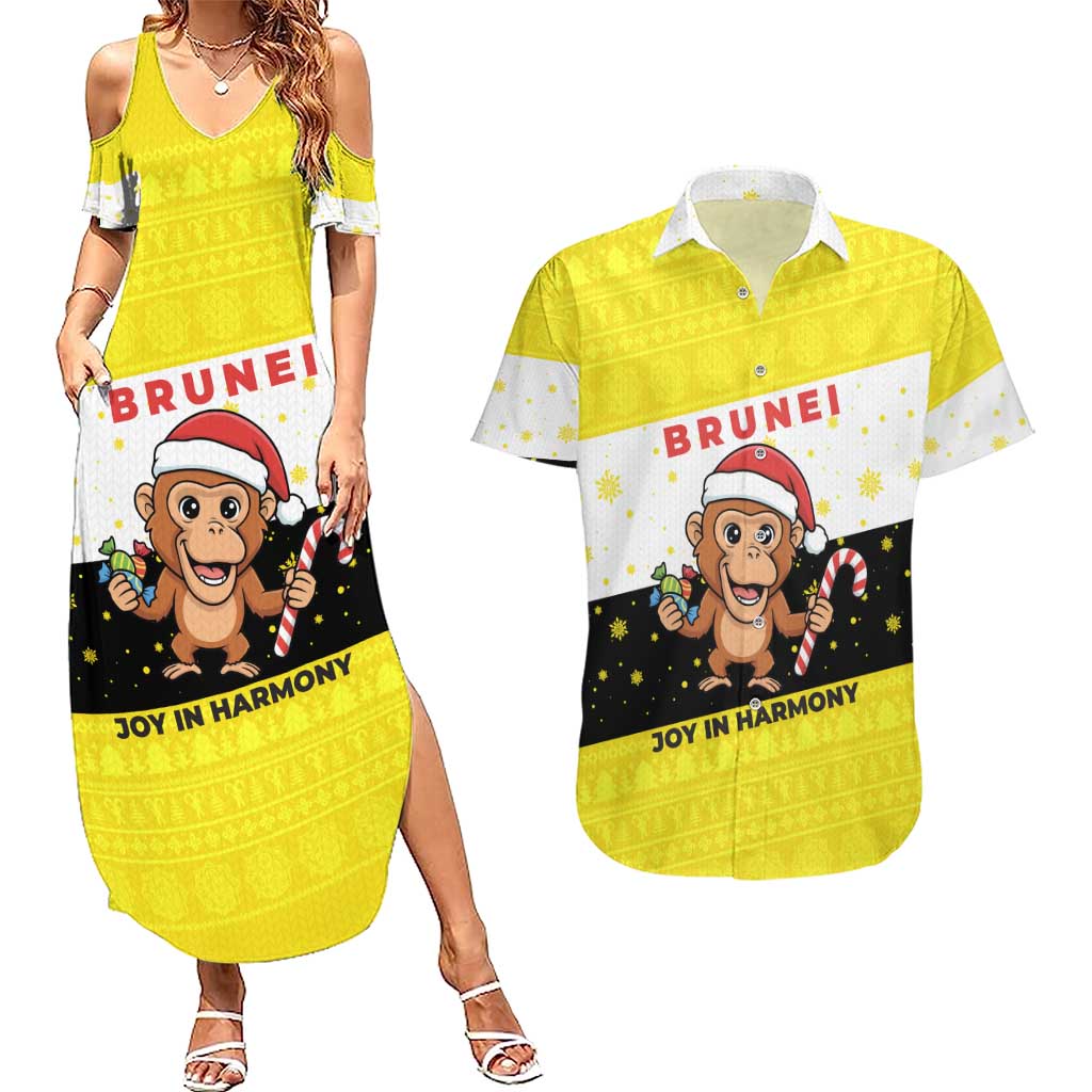 Brunei Christmas Couples Matching Summer Maxi Dress and Hawaiian Shirt with Cartoon Monkey Santa Hat Candy Cane and Yellow Black Flag Pattern - Wonder Print Shop