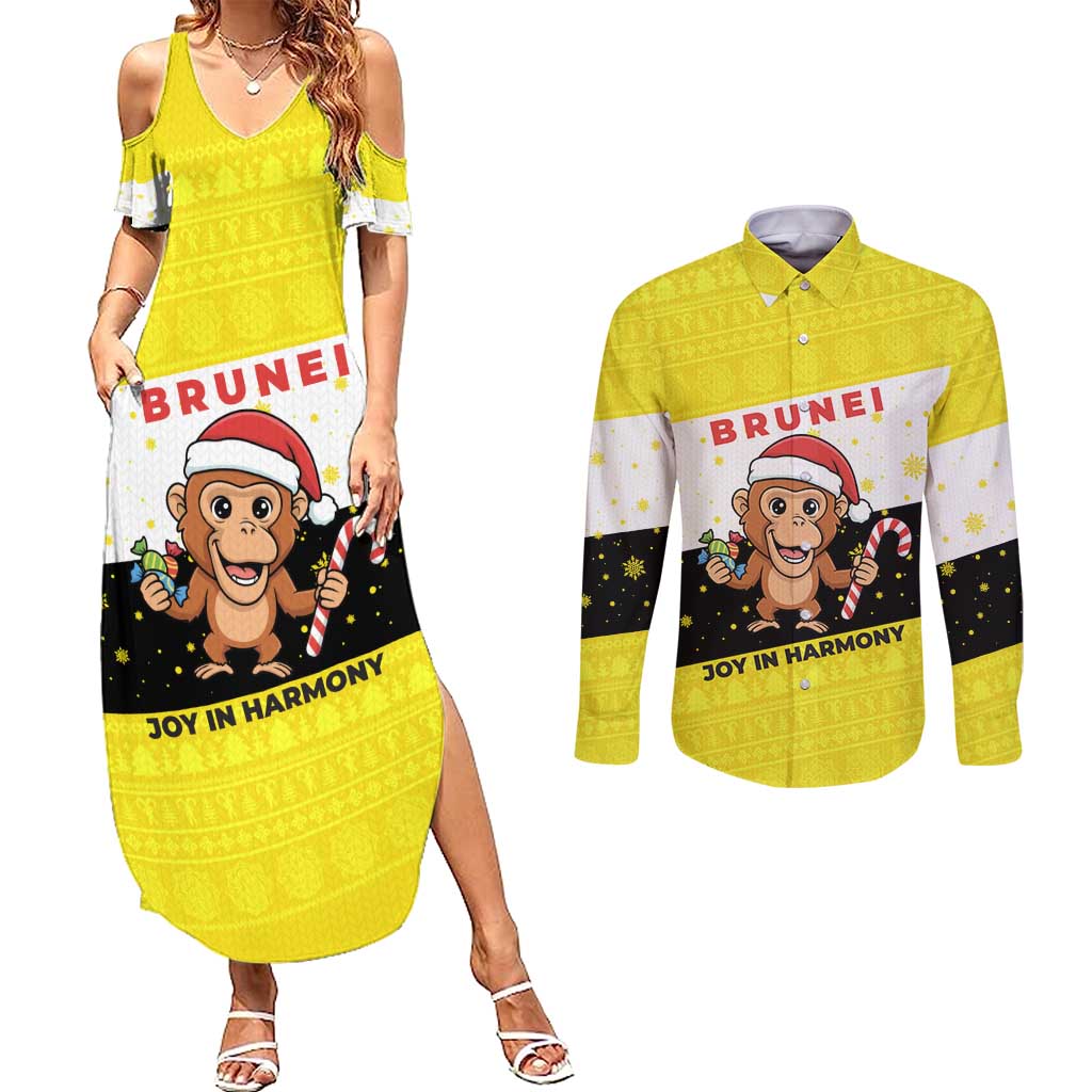 Brunei Christmas Couples Matching Summer Maxi Dress and Long Sleeve Button Shirt with Cartoon Monkey Santa Hat Candy Cane and Yellow Black Flag Pattern - Wonder Print Shop