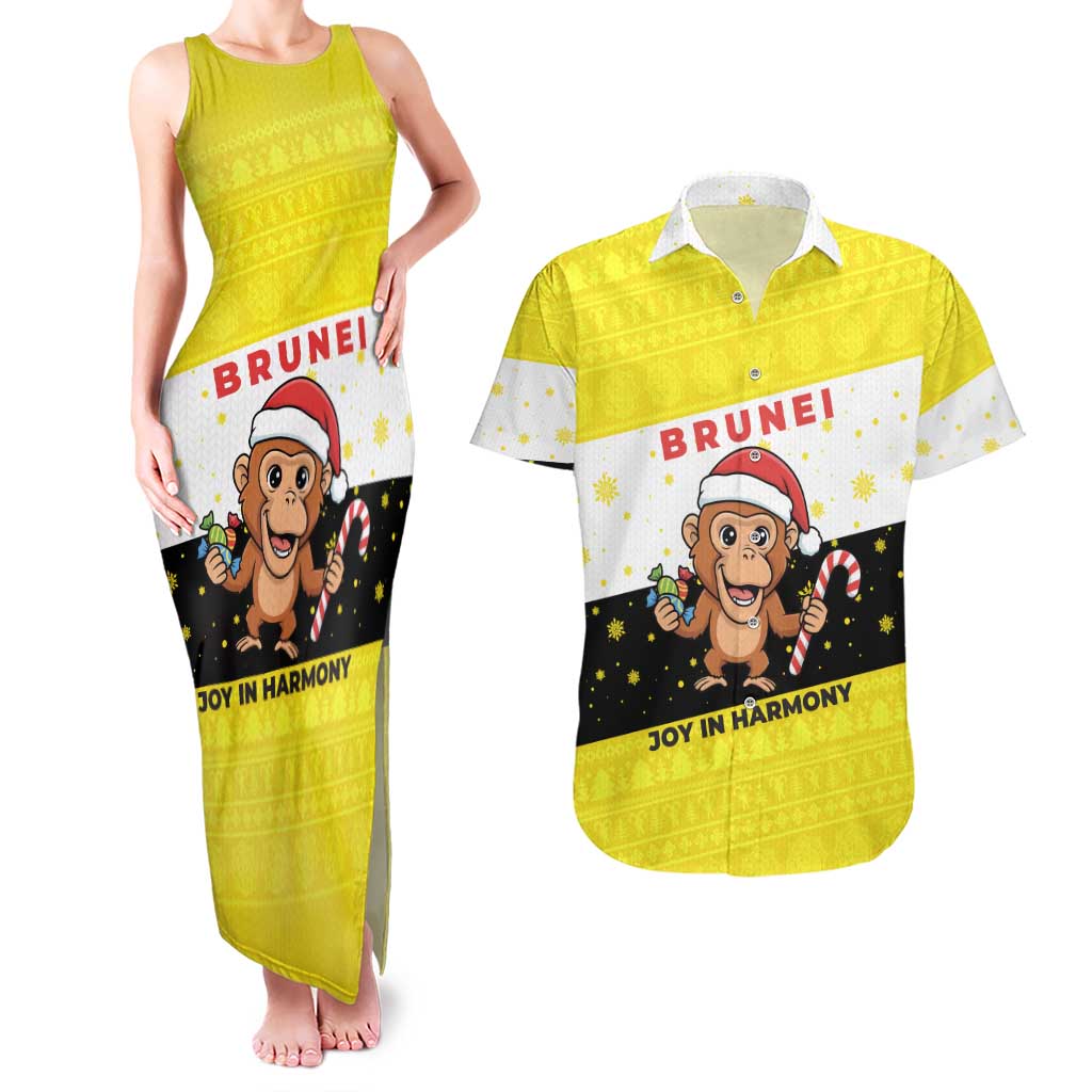 Brunei Christmas Couples Matching Tank Maxi Dress and Hawaiian Shirt with Cartoon Monkey Santa Hat Candy Cane and Yellow Black Flag Pattern - Wonder Print Shop