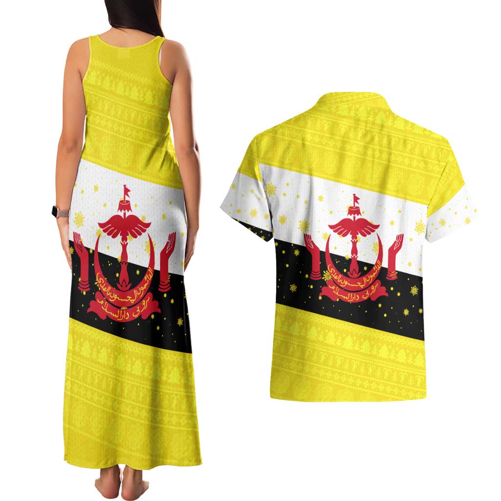 Brunei Christmas Couples Matching Tank Maxi Dress and Hawaiian Shirt with Cartoon Monkey Santa Hat Candy Cane and Yellow Black Flag Pattern - Wonder Print Shop