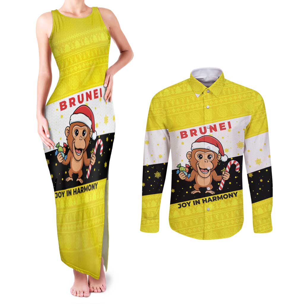 Brunei Christmas Couples Matching Tank Maxi Dress and Long Sleeve Button Shirt with Cartoon Monkey Santa Hat Candy Cane and Yellow Black Flag Pattern - Wonder Print Shop
