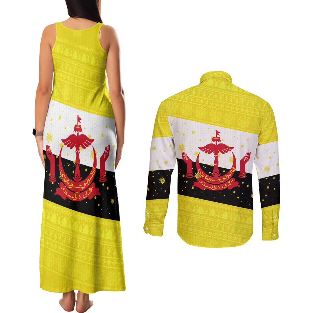 Brunei Christmas Couples Matching Tank Maxi Dress and Long Sleeve Button Shirt with Cartoon Monkey Santa Hat Candy Cane and Yellow Black Flag Pattern - Wonder Print Shop