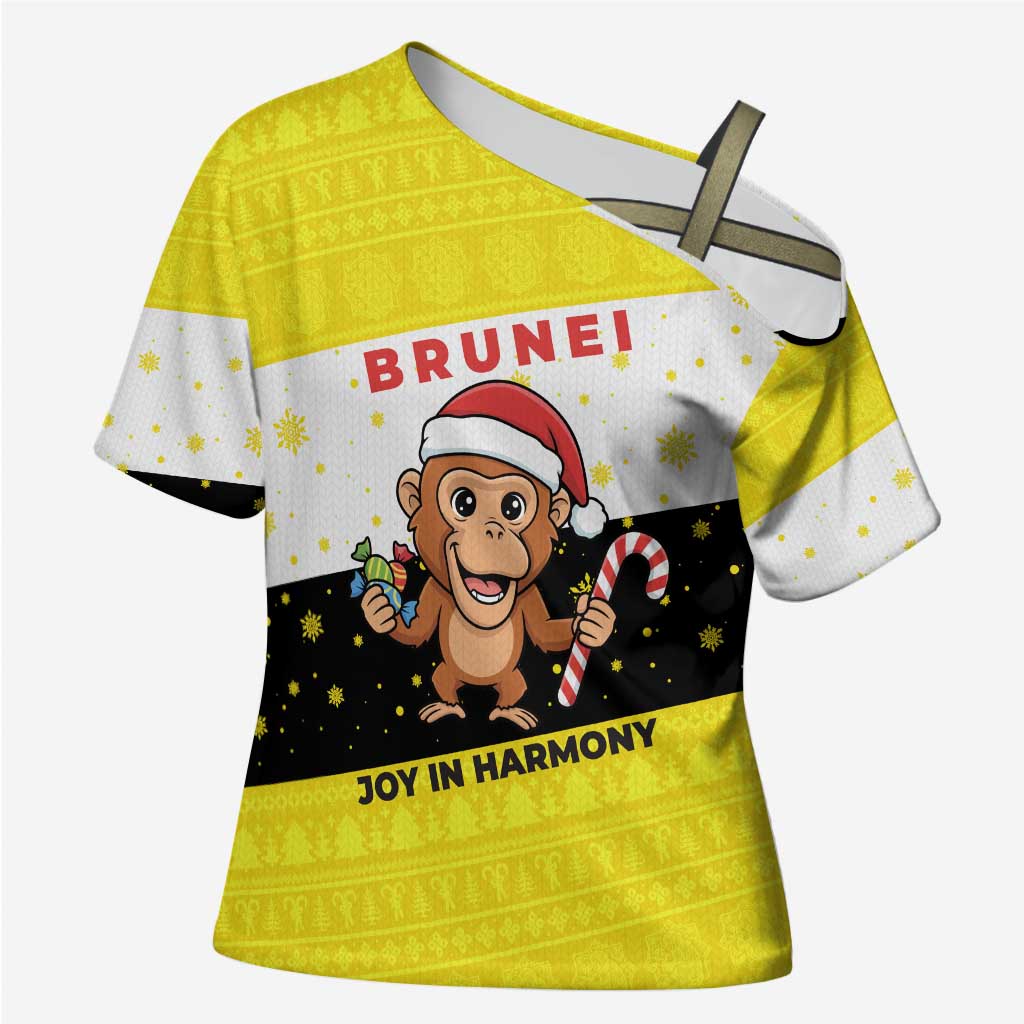 Brunei Christmas Cross Shoulder Shirt with Cartoon Monkey Santa Hat Candy Cane and Yellow Black Flag Pattern - Wonder Print Shop
