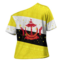 Brunei Christmas Cross Shoulder Shirt with Cartoon Monkey Santa Hat Candy Cane and Yellow Black Flag Pattern - Wonder Print Shop