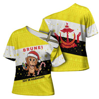Brunei Christmas Cross Shoulder Shirt with Cartoon Monkey Santa Hat Candy Cane and Yellow Black Flag Pattern - Wonder Print Shop