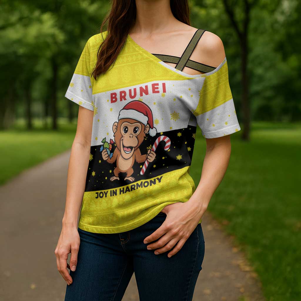 Brunei Christmas Cross Shoulder Shirt with Cartoon Monkey Santa Hat Candy Cane and Yellow Black Flag Pattern - Wonder Print Shop