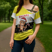Brunei Christmas Cross Shoulder Shirt with Cartoon Monkey Santa Hat Candy Cane and Yellow Black Flag Pattern - Wonder Print Shop