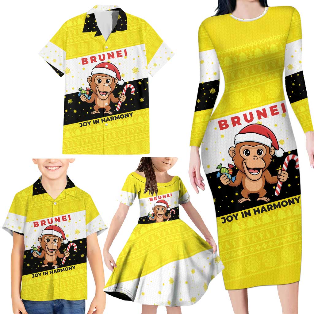 Brunei Christmas Family Matching Long Sleeve Bodycon Dress and Hawaiian Shirt with Cartoon Monkey Santa Hat Candy Cane and Yellow Black Flag Pattern - Wonder Print Shop