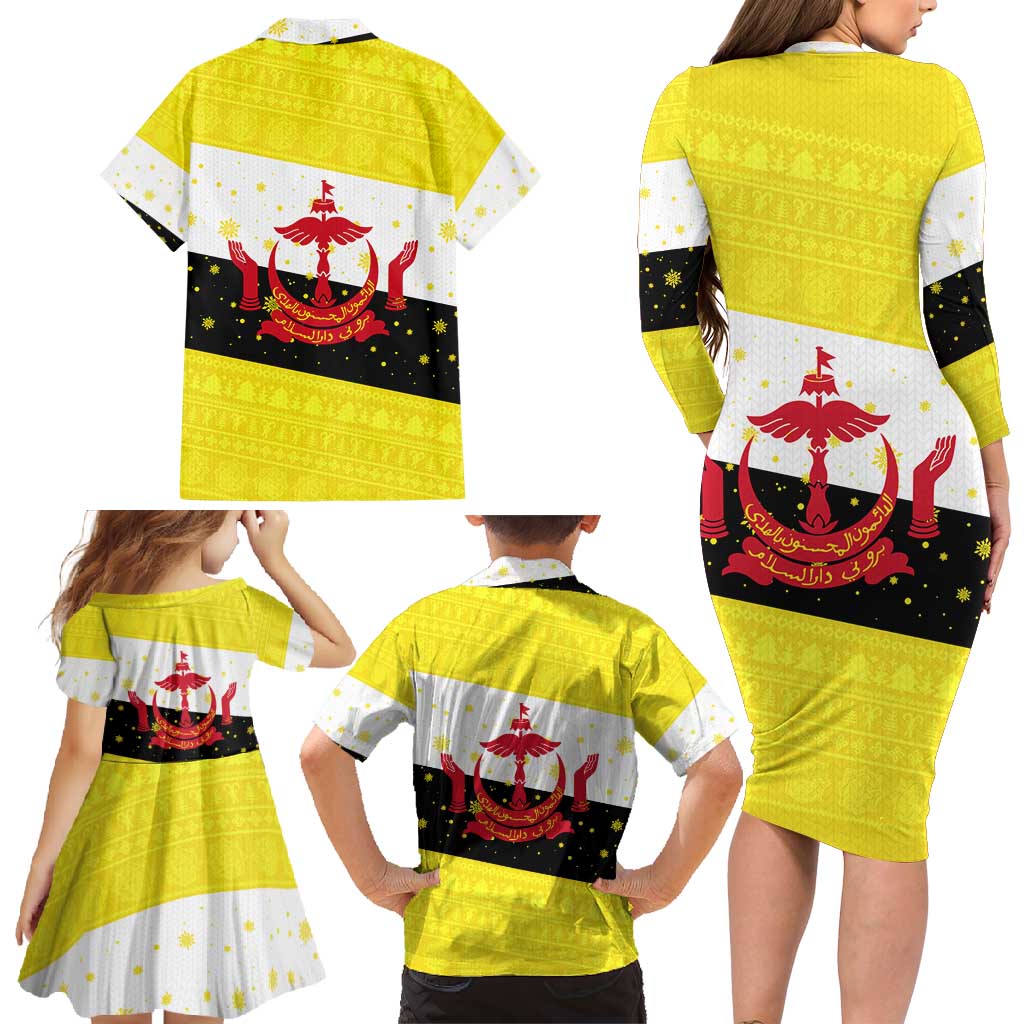 Brunei Christmas Family Matching Long Sleeve Bodycon Dress and Hawaiian Shirt with Cartoon Monkey Santa Hat Candy Cane and Yellow Black Flag Pattern - Wonder Print Shop
