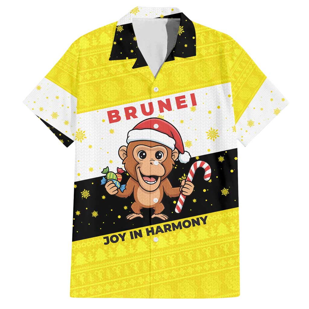 Brunei Christmas Family Matching Long Sleeve Bodycon Dress and Hawaiian Shirt with Cartoon Monkey Santa Hat Candy Cane and Yellow Black Flag Pattern - Wonder Print Shop