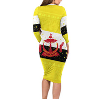 Brunei Christmas Family Matching Long Sleeve Bodycon Dress and Hawaiian Shirt with Cartoon Monkey Santa Hat Candy Cane and Yellow Black Flag Pattern - Wonder Print Shop