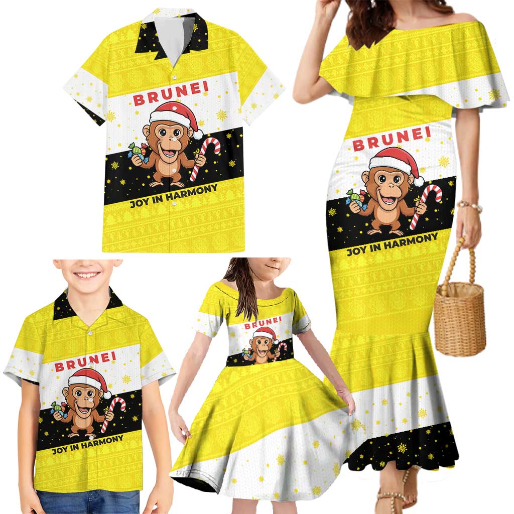 Brunei Christmas Family Matching Mermaid Dress and Hawaiian Shirt with Cartoon Monkey Santa Hat Candy Cane and Yellow Black Flag Pattern - Wonder Print Shop