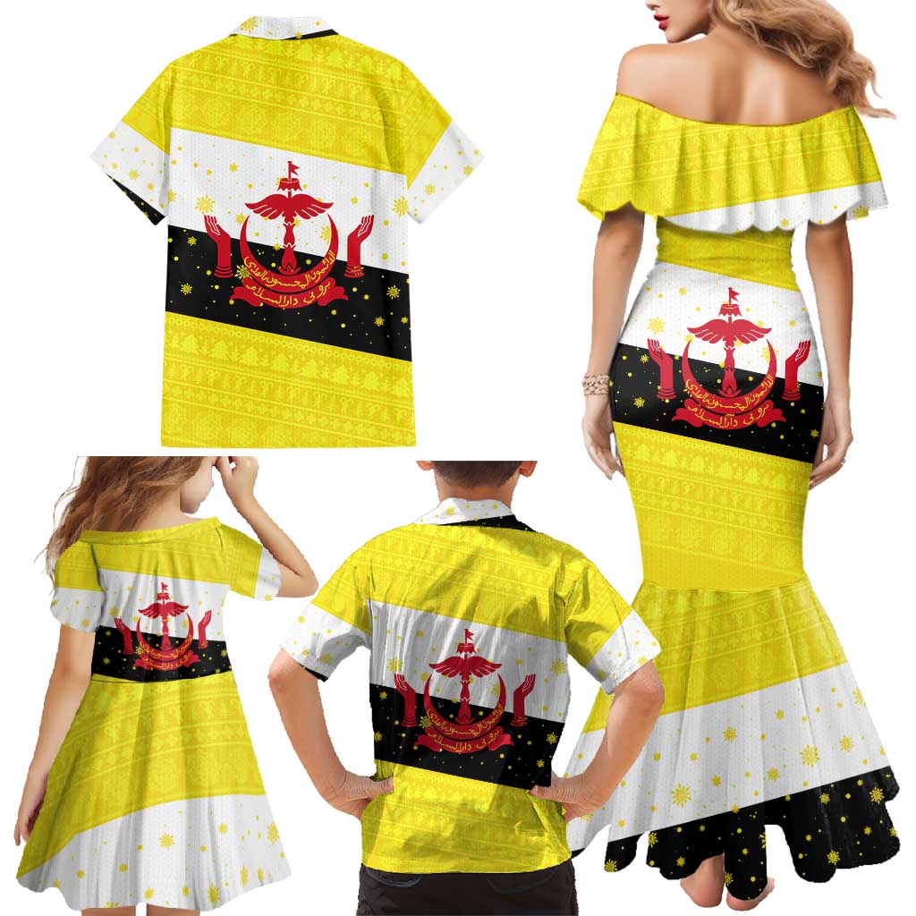 Brunei Christmas Family Matching Mermaid Dress and Hawaiian Shirt with Cartoon Monkey Santa Hat Candy Cane and Yellow Black Flag Pattern - Wonder Print Shop