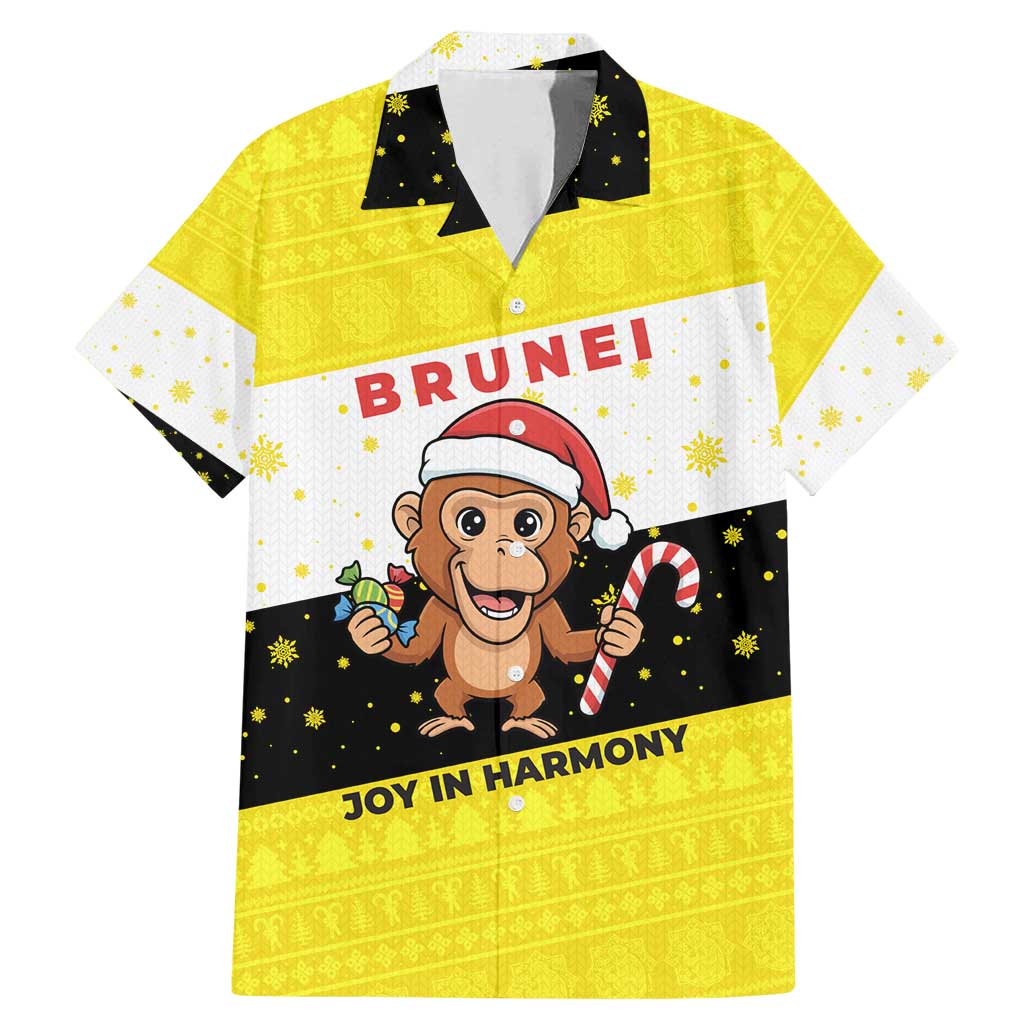 Brunei Christmas Family Matching Mermaid Dress and Hawaiian Shirt with Cartoon Monkey Santa Hat Candy Cane and Yellow Black Flag Pattern - Wonder Print Shop