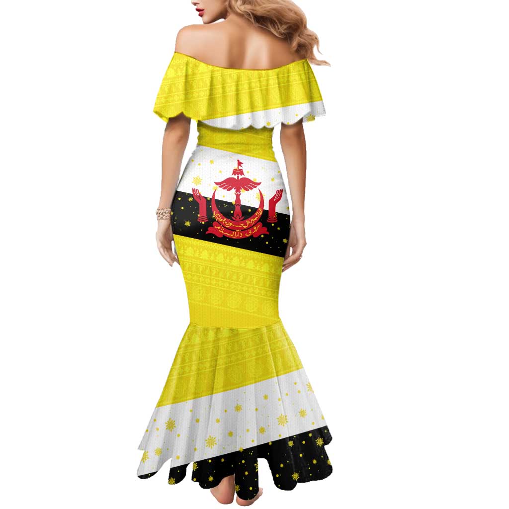 Brunei Christmas Family Matching Mermaid Dress and Hawaiian Shirt with Cartoon Monkey Santa Hat Candy Cane and Yellow Black Flag Pattern - Wonder Print Shop