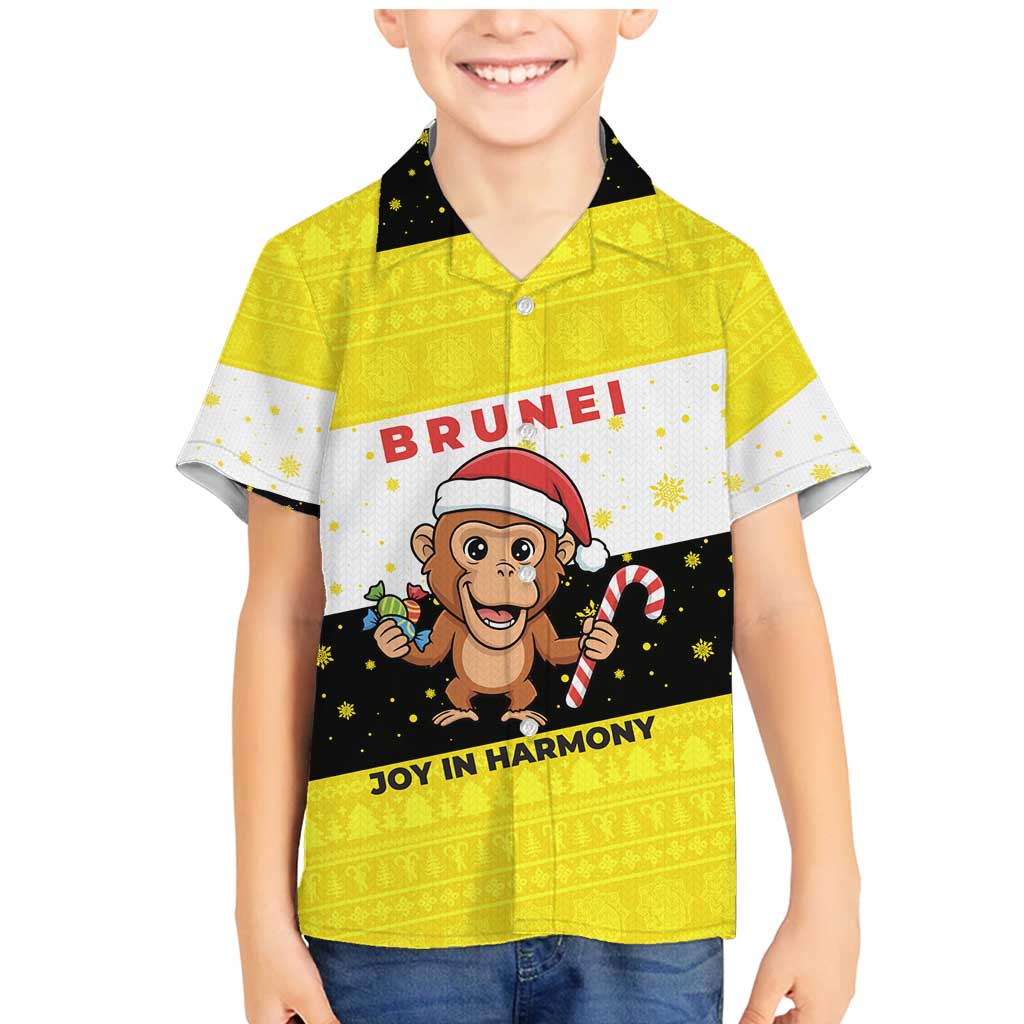 Brunei Christmas Family Matching Mermaid Dress and Hawaiian Shirt with Cartoon Monkey Santa Hat Candy Cane and Yellow Black Flag Pattern - Wonder Print Shop