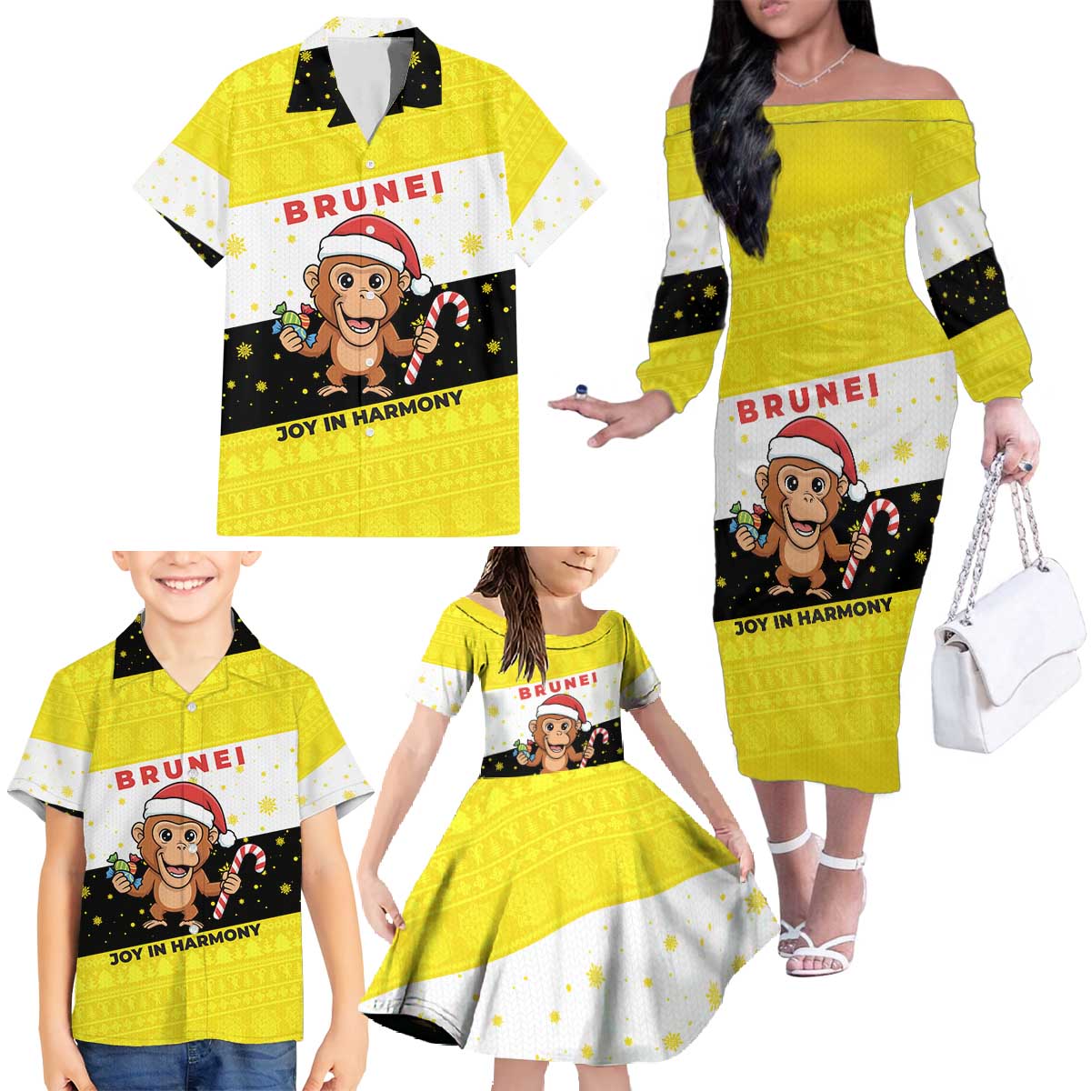 Brunei Christmas Family Matching Off The Shoulder Long Sleeve Dress and Hawaiian Shirt with Cartoon Monkey Santa Hat Candy Cane and Yellow Black Flag Pattern - Wonder Print Shop