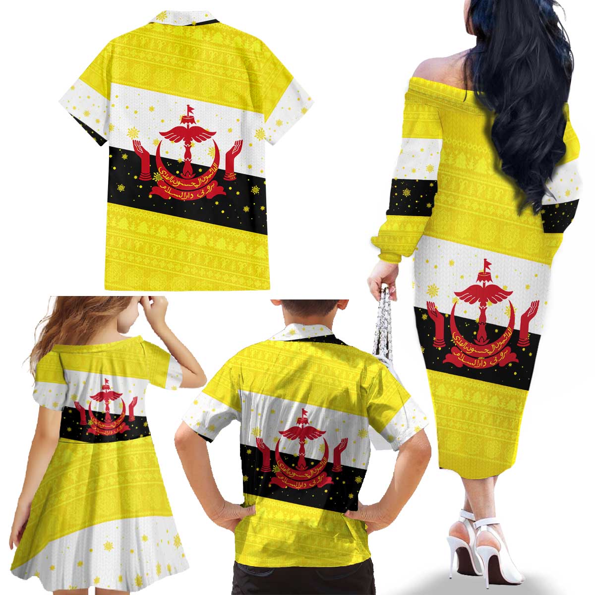 Brunei Christmas Family Matching Off The Shoulder Long Sleeve Dress and Hawaiian Shirt with Cartoon Monkey Santa Hat Candy Cane and Yellow Black Flag Pattern - Wonder Print Shop