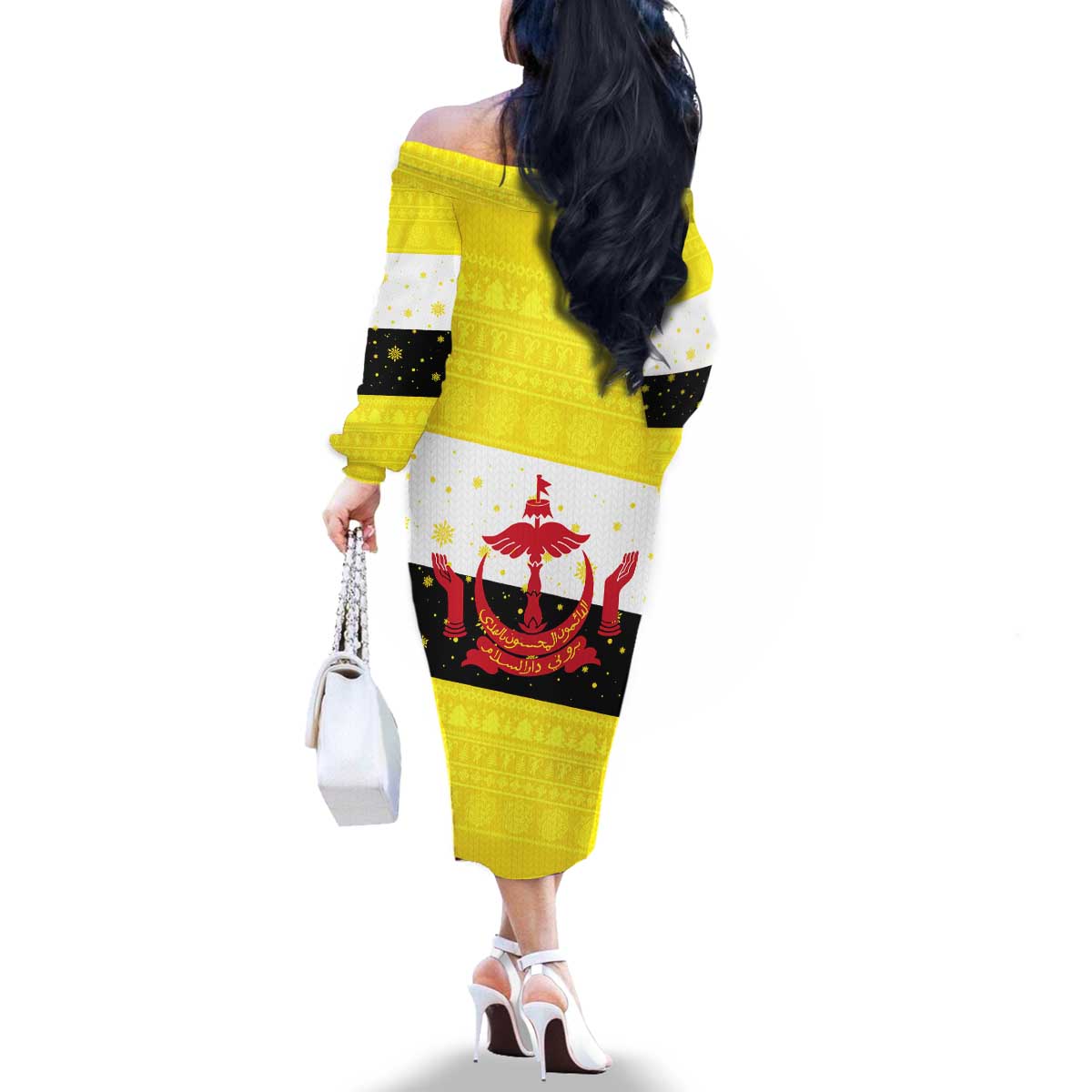 Brunei Christmas Family Matching Off The Shoulder Long Sleeve Dress and Hawaiian Shirt with Cartoon Monkey Santa Hat Candy Cane and Yellow Black Flag Pattern - Wonder Print Shop