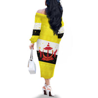 Brunei Christmas Family Matching Off The Shoulder Long Sleeve Dress and Hawaiian Shirt with Cartoon Monkey Santa Hat Candy Cane and Yellow Black Flag Pattern - Wonder Print Shop