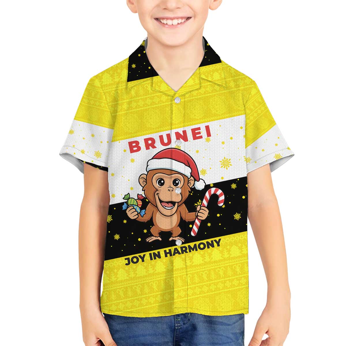 Brunei Christmas Family Matching Off The Shoulder Long Sleeve Dress and Hawaiian Shirt with Cartoon Monkey Santa Hat Candy Cane and Yellow Black Flag Pattern - Wonder Print Shop