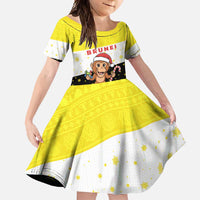 Brunei Christmas Family Matching Off Shoulder Maxi Dress and Hawaiian Shirt with Cartoon Monkey Santa Hat Candy Cane and Yellow Black Flag Pattern - Wonder Print Shop