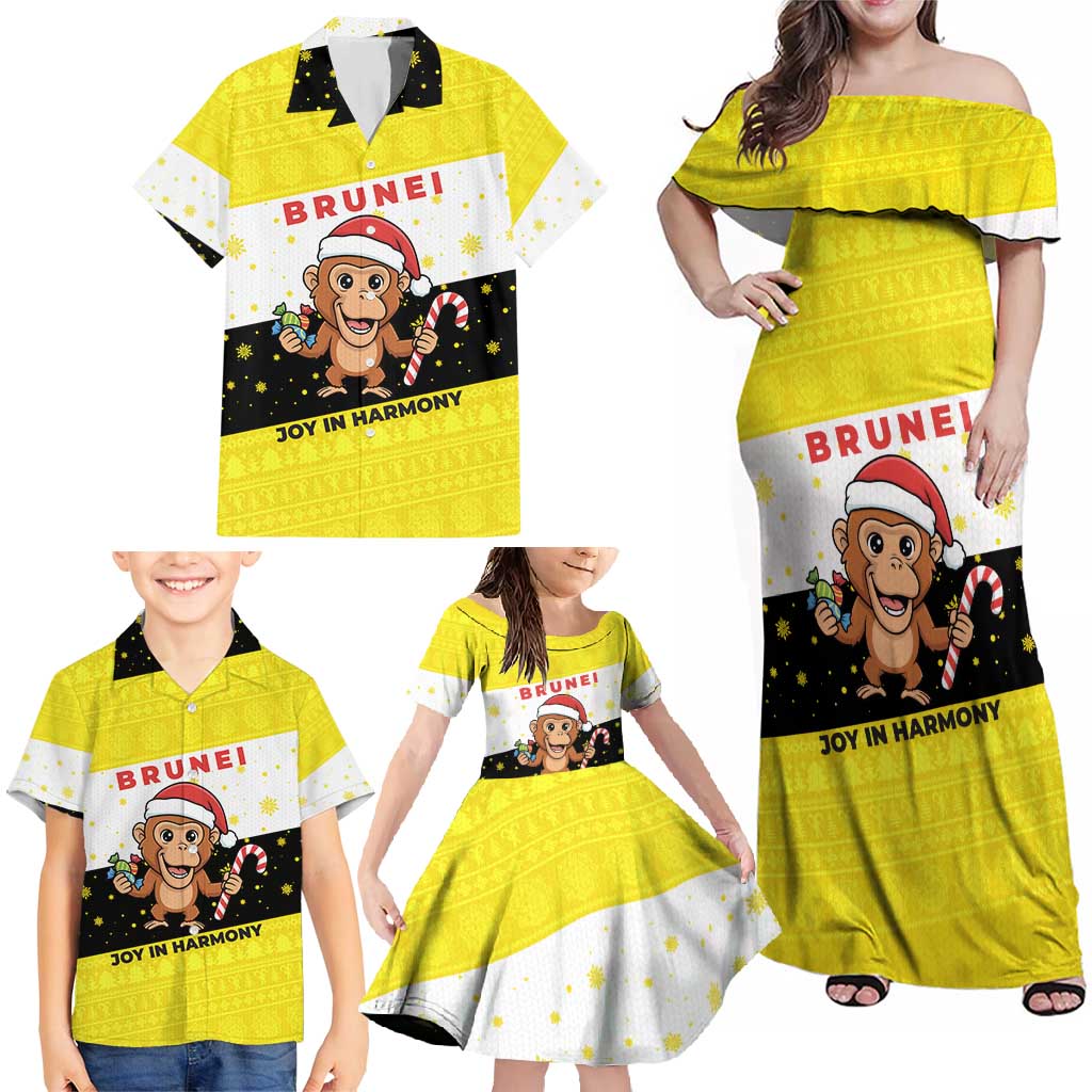 Brunei Christmas Family Matching Off Shoulder Maxi Dress and Hawaiian Shirt with Cartoon Monkey Santa Hat Candy Cane and Yellow Black Flag Pattern - Wonder Print Shop