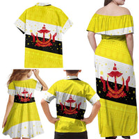Brunei Christmas Family Matching Off Shoulder Maxi Dress and Hawaiian Shirt with Cartoon Monkey Santa Hat Candy Cane and Yellow Black Flag Pattern - Wonder Print Shop
