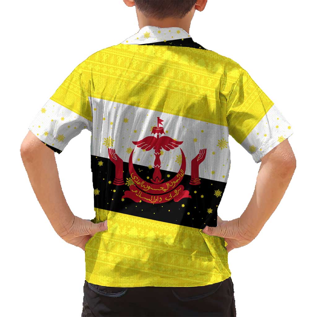 Brunei Christmas Family Matching Off Shoulder Short Dress and Hawaiian Shirt with Cartoon Monkey Santa Hat Candy Cane and Yellow Black Flag Pattern - Wonder Print Shop