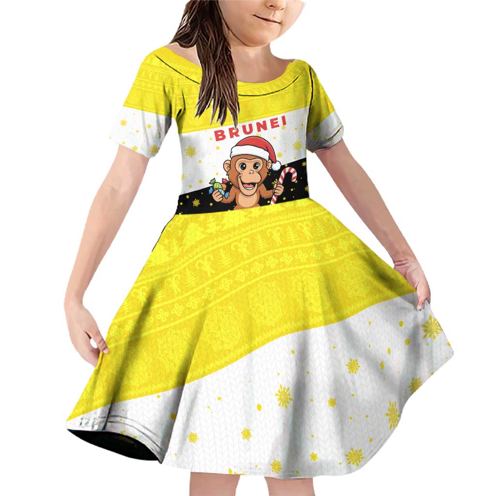 Brunei Christmas Family Matching Off Shoulder Short Dress and Hawaiian Shirt with Cartoon Monkey Santa Hat Candy Cane and Yellow Black Flag Pattern - Wonder Print Shop