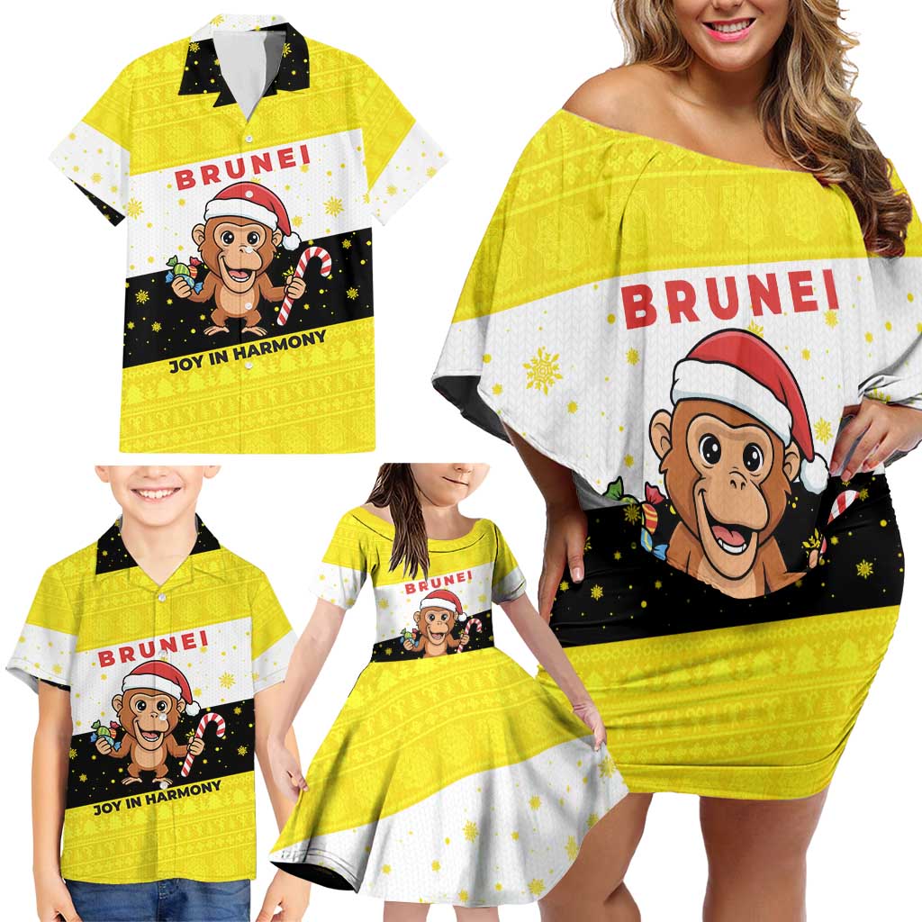Brunei Christmas Family Matching Off Shoulder Short Dress and Hawaiian Shirt with Cartoon Monkey Santa Hat Candy Cane and Yellow Black Flag Pattern - Wonder Print Shop