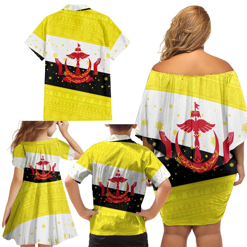 Brunei Christmas Family Matching Off Shoulder Short Dress and Hawaiian Shirt with Cartoon Monkey Santa Hat Candy Cane and Yellow Black Flag Pattern - Wonder Print Shop