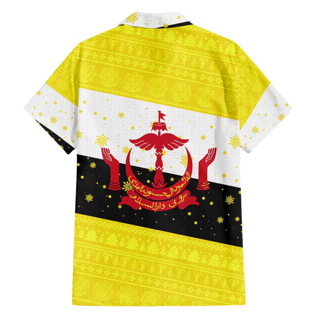 Brunei Christmas Family Matching Off Shoulder Short Dress and Hawaiian Shirt with Cartoon Monkey Santa Hat Candy Cane and Yellow Black Flag Pattern - Wonder Print Shop