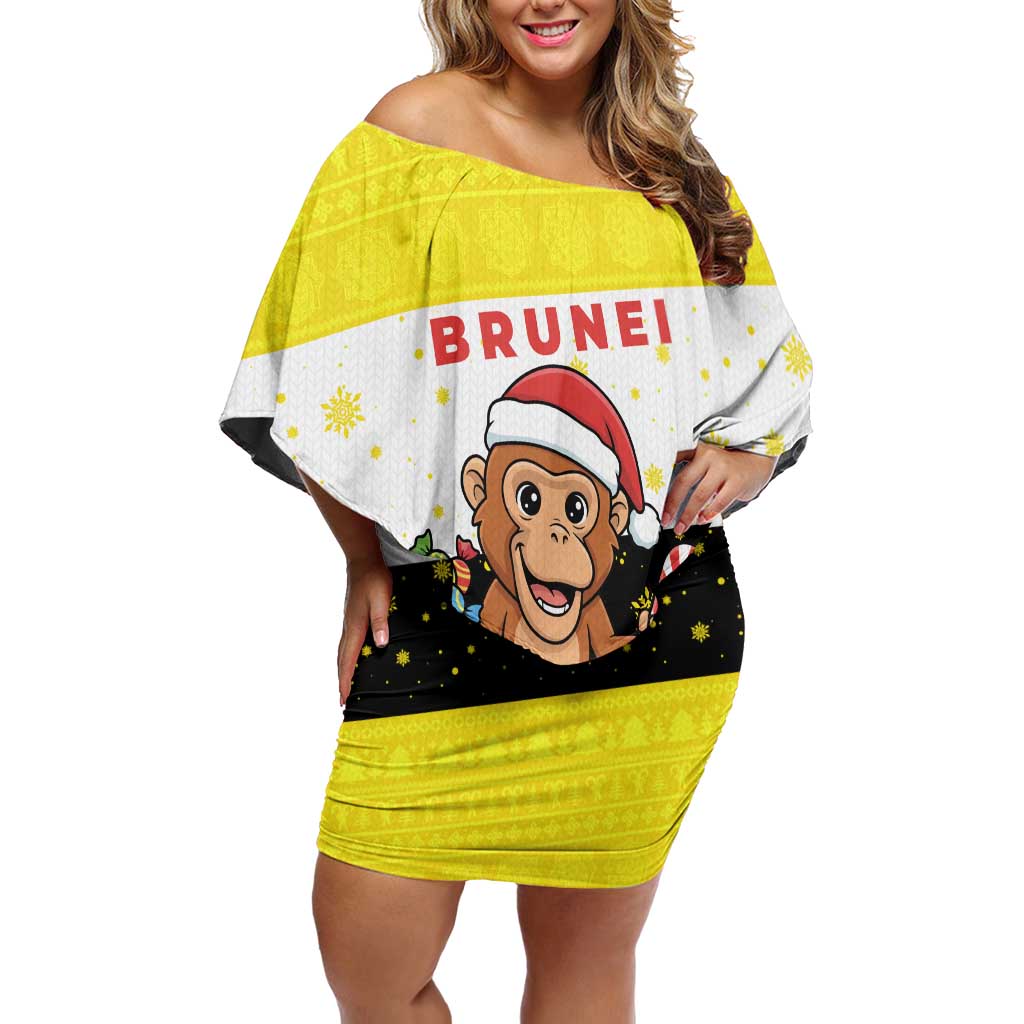Brunei Christmas Family Matching Off Shoulder Short Dress and Hawaiian Shirt with Cartoon Monkey Santa Hat Candy Cane and Yellow Black Flag Pattern - Wonder Print Shop
