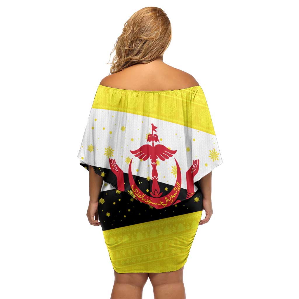 Brunei Christmas Family Matching Off Shoulder Short Dress and Hawaiian Shirt with Cartoon Monkey Santa Hat Candy Cane and Yellow Black Flag Pattern - Wonder Print Shop