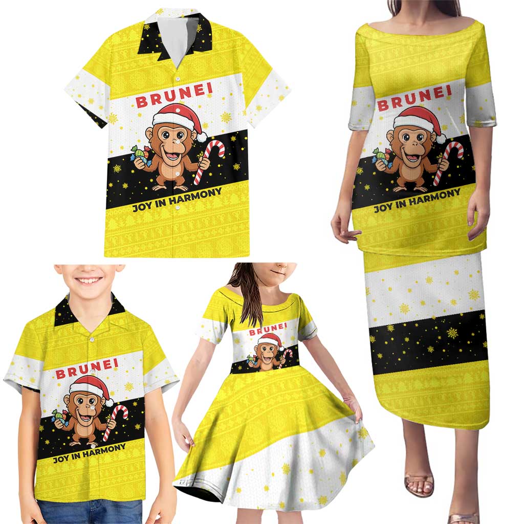 Brunei Christmas Family Matching Puletasi and Hawaiian Shirt with Cartoon Monkey Santa Hat Candy Cane and Yellow Black Flag Pattern - Wonder Print Shop