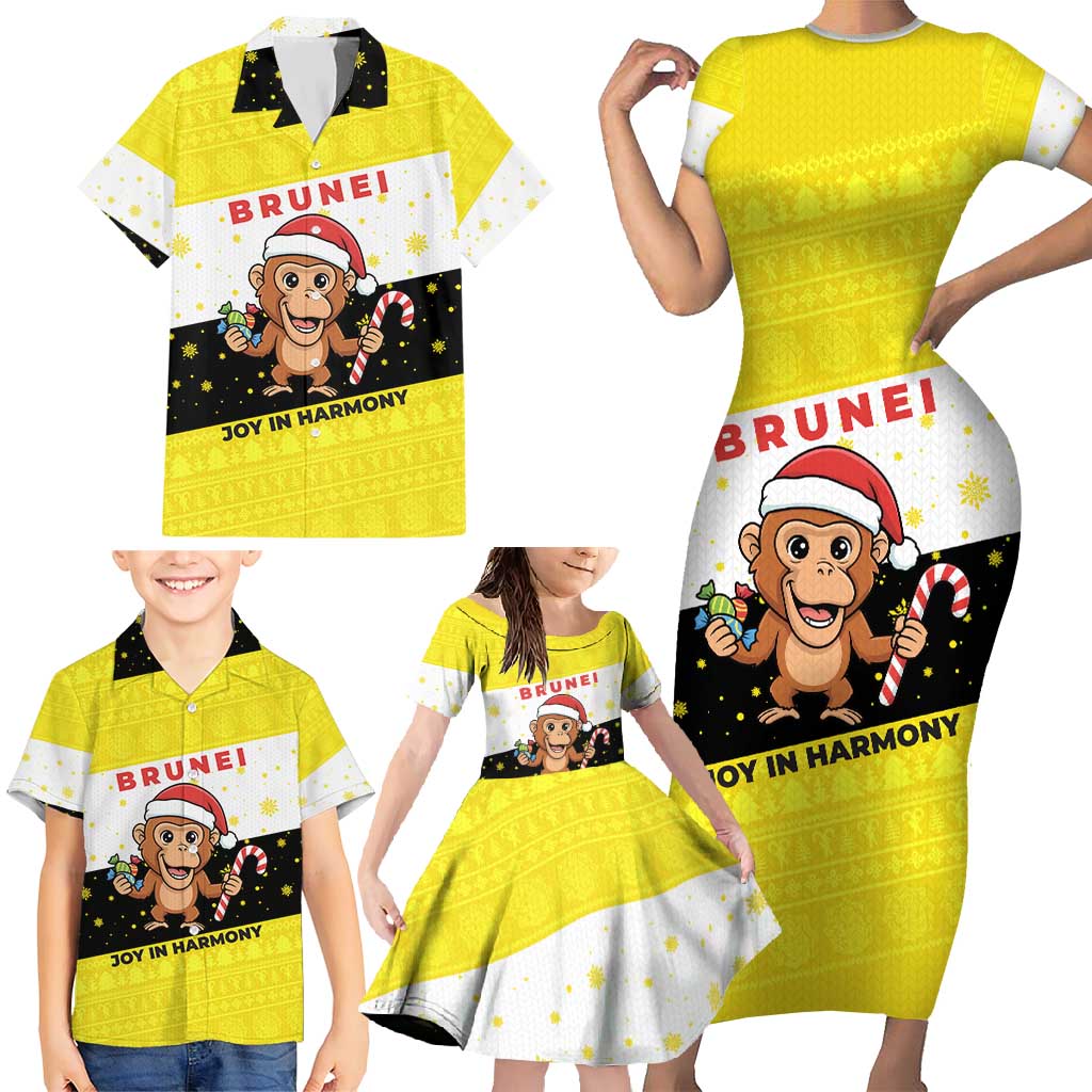 Brunei Christmas Family Matching Short Sleeve Bodycon Dress and Hawaiian Shirt with Cartoon Monkey Santa Hat Candy Cane and Yellow Black Flag Pattern - Wonder Print Shop
