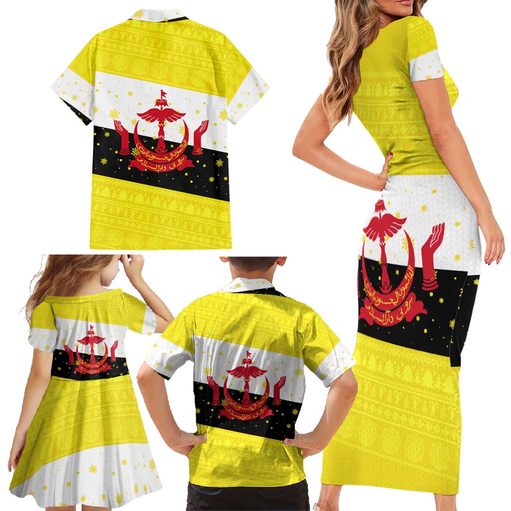 Brunei Christmas Family Matching Short Sleeve Bodycon Dress and Hawaiian Shirt with Cartoon Monkey Santa Hat Candy Cane and Yellow Black Flag Pattern - Wonder Print Shop