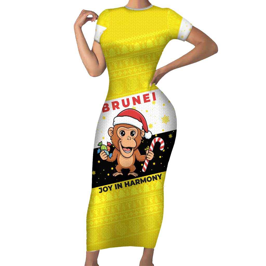 Brunei Christmas Family Matching Short Sleeve Bodycon Dress and Hawaiian Shirt with Cartoon Monkey Santa Hat Candy Cane and Yellow Black Flag Pattern - Wonder Print Shop