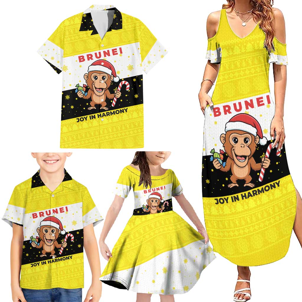 Brunei Christmas Family Matching Summer Maxi Dress and Hawaiian Shirt with Cartoon Monkey Santa Hat Candy Cane and Yellow Black Flag Pattern - Wonder Print Shop