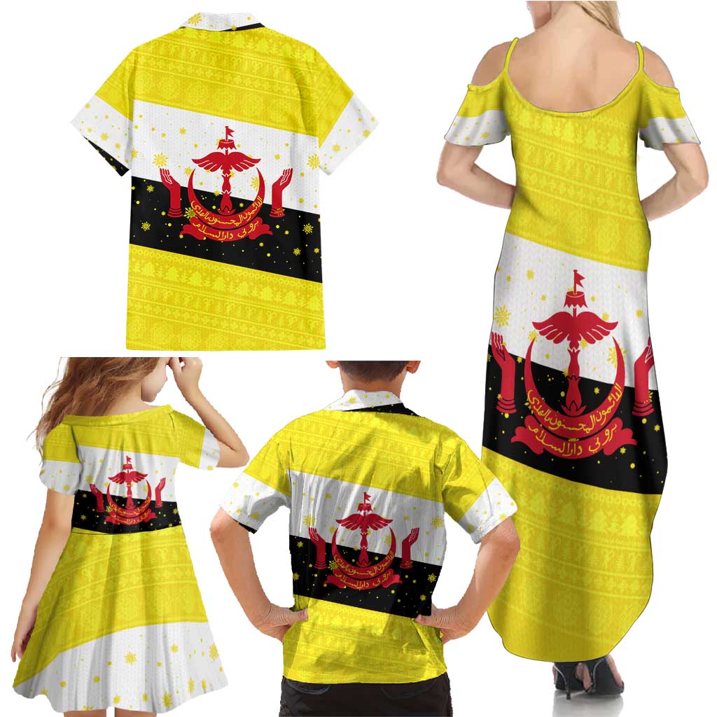 Brunei Christmas Family Matching Summer Maxi Dress and Hawaiian Shirt with Cartoon Monkey Santa Hat Candy Cane and Yellow Black Flag Pattern - Wonder Print Shop