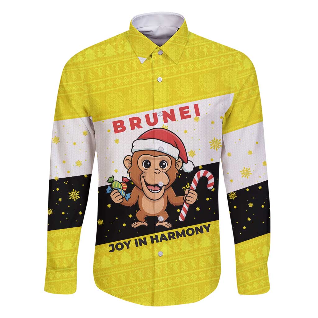 Brunei Christmas Family Matching Summer Maxi Dress and Hawaiian Shirt with Cartoon Monkey Santa Hat Candy Cane and Yellow Black Flag Pattern - Wonder Print Shop