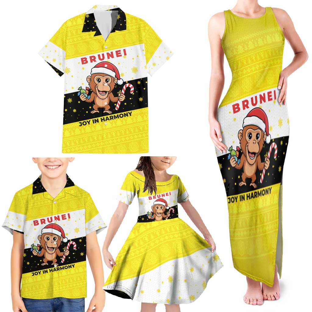 Brunei Christmas Family Matching Tank Maxi Dress and Hawaiian Shirt with Cartoon Monkey Santa Hat Candy Cane and Yellow Black Flag Pattern - Wonder Print Shop