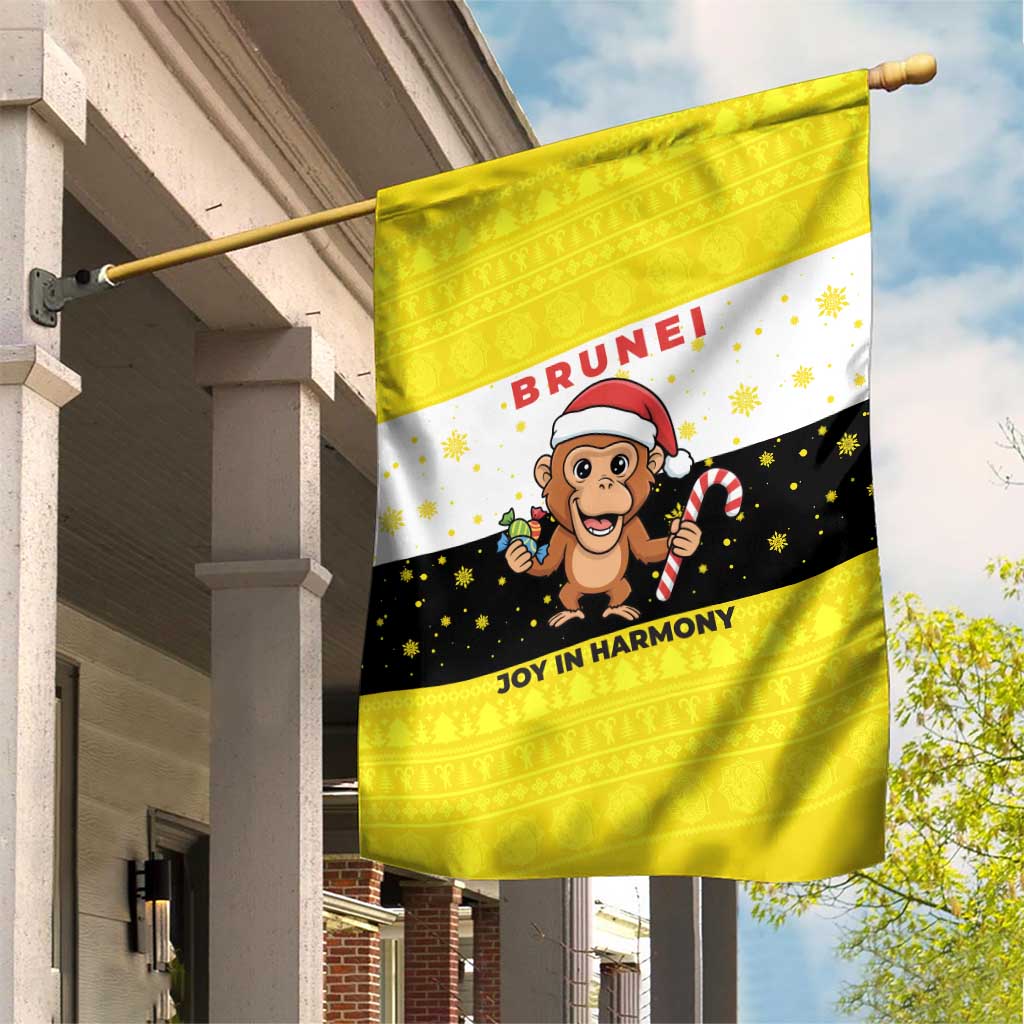 Brunei Christmas Garden Flag with Cartoon Monkey Santa Hat Candy Cane and Yellow Black Flag Pattern - Wonder Print Shop