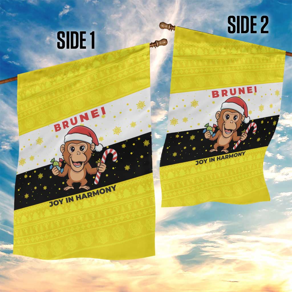 Brunei Christmas Garden Flag with Cartoon Monkey Santa Hat Candy Cane and Yellow Black Flag Pattern - Wonder Print Shop