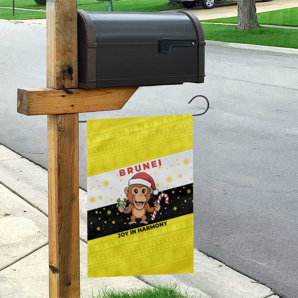 Brunei Christmas Garden Flag with Cartoon Monkey Santa Hat Candy Cane and Yellow Black Flag Pattern - Wonder Print Shop